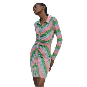Zara Knit Dress Pink Green Women’s Size M Mini Length Ruched Detail Button